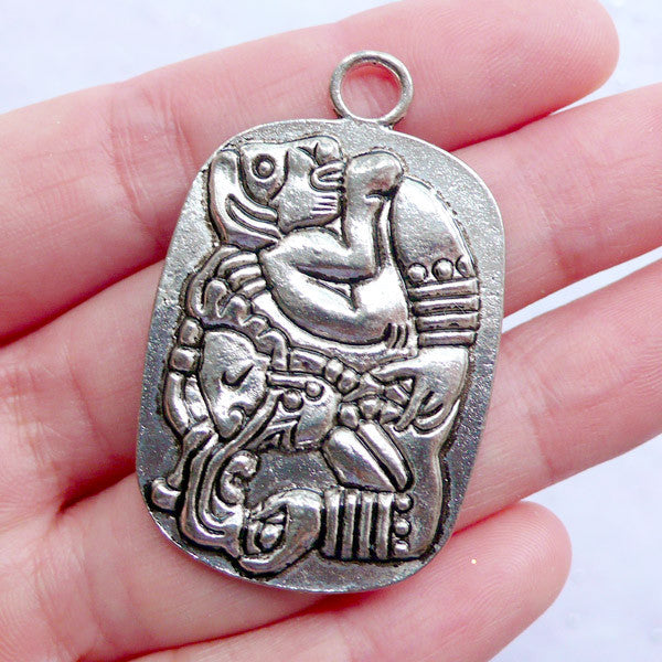 Mayan Glyph Tag Charms with Ancient Carving Pattern | Maya Totem Tag Pendant | Protection Amulet Jewelry | Aztec Charm | Inca Charm | Tailsman Charm (1 Piece / Tibetan Silver / 27mm x 43mm)