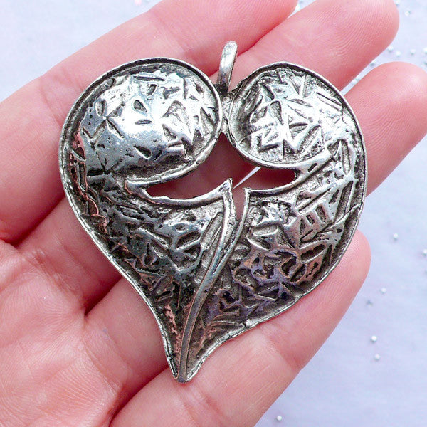 Heart Shaped Leaf Charm | Large Leaf Pendant | Nature Necklace Making | Floral Jewellery DIY | Valentine's Day & Wedding Supplies (1 Piece / Tibetan Silver / 45mm x 50mm)