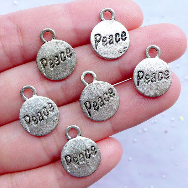 Silver Peace Tag Charms | Small Peace Drop | Engraved Word Charms | Stamped Charm | Inspiration Charms (6pcs / Tibetan Silver / 12mm x 15mm)
