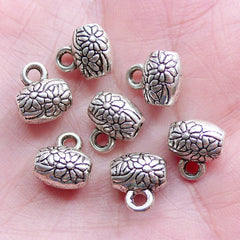 Floral Bead Bail Charm Hanger | Silver Bail Beads with Flower Pattern | Barrel Beads with Charm Holder | Bracelet & Necklace DIY (7pcs / Tibetan Silver / 9mm x 10mm)