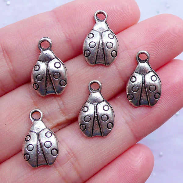 DEFECT Ladybug Charms | Small Ladybird Pendant | Coleoptera Charm | Silver Beetle Drops | Insect Jewellery DIY (5pcs / Tibetan Silver / 9mm x 14mm / 2 Sided)