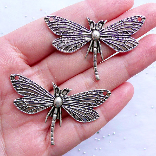 Big Dragonfly Pendant | Silver Dragonfly Connector Charms | Large Insect Charm | Nature Necklace Making | Jewellery Supplies (2pcs / Tibetan Silver / 48mm x 30mm)