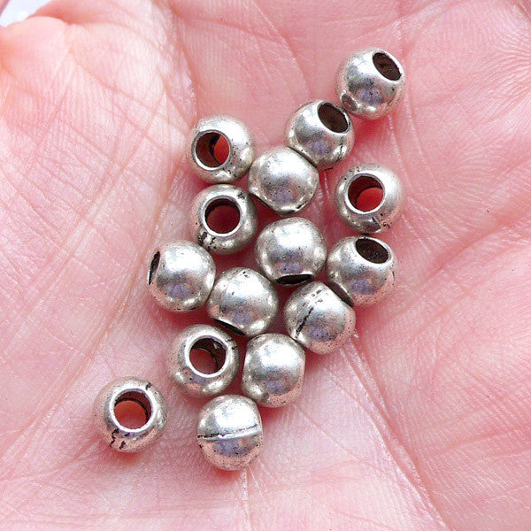 Mini Ball Beads | Silver Round Beads | Small Spacer Beads | Bohemian Leather Jewellery DIY | Boho Beaded Bracelet & Necklace Making (15pcs / Tibetan Silver / 6mm)