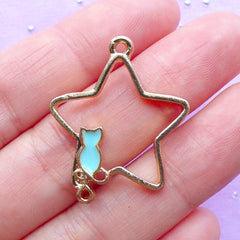 CLEARANCE Star and Kitten Open Back Bezel Pendant | UV Resin Jewelry Making | Kawaii Craft Supplies | Deco Frame for Resin Filling (1 piece / Gold & Blue / 24mm x 29mm)