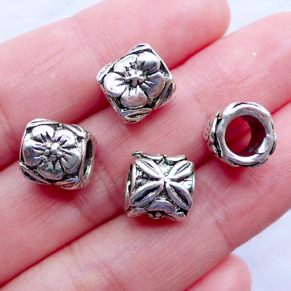 Silver Flower Barrel Beads | Tube Beads with Floral Pattern | Large Hole Beads | Nature Focal Beads | European Bead Supplies | Charm Bracelet and Necklace Making (4pcs / Tibetan Silver / 9mm x 8mm)