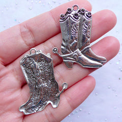 CLEARANCE Cowboy Boot with Spur Charms | Silver Footware Pendant | Wild West Cowgirl Jewellery | Fashion Shoe Charm (3pcs / Tibetan Silver / 31mm x 36mm)