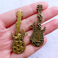 CLEARANCE Large Guitar Charms | Big Electric Guitar Pendant | Rock and Roll Band Sound Jewellery | Music Instrument Charm | Musician Jewelry (2pcs / Antique Bronze / 20mm x 54mm)