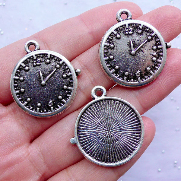 Clock Bezel Charms | Round Bezel Tray | Silver Bezel Setting | 20mm Cabochon Bases | Cameo Holder | Jewelry Mounting Supplies (3pcs / Tibetan Silver / 25mm x 27mm)