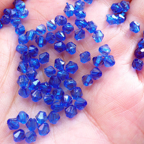 4mm Acrylic Bicone Beads | Plastic Rhombus Beads | Mini Faceted Spacer Beads | Beading Components (100pcs / Transparent Dark Blue)