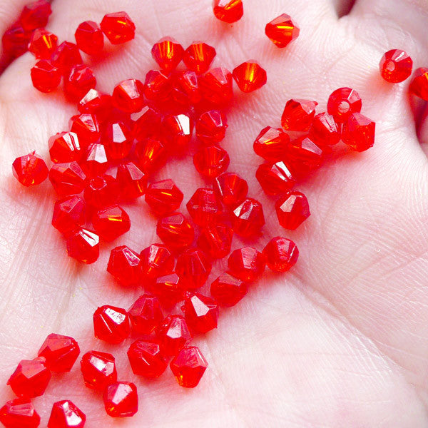 4mm Acrylic Rhombus Beads | Faceted Bicone Beads | Tiny Spacer Beads | Plastic Beading Supplies | Jewelry Making (100pcs / Transparent Red)