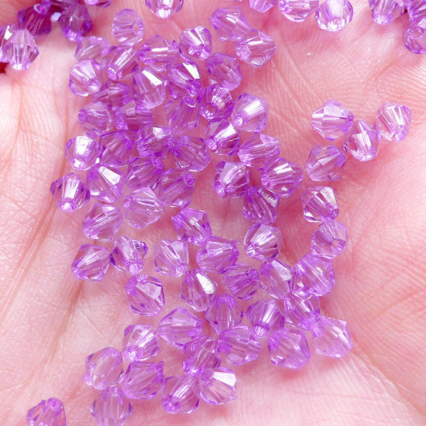 Bicone Acrylic Beads in 4mm | Small Diamond Beads | Rhombus Spacer Beads | Plastic Crystal Bead | Gemstone Beads | Faceted Bead Supply (100pcs / Transparent Purple)