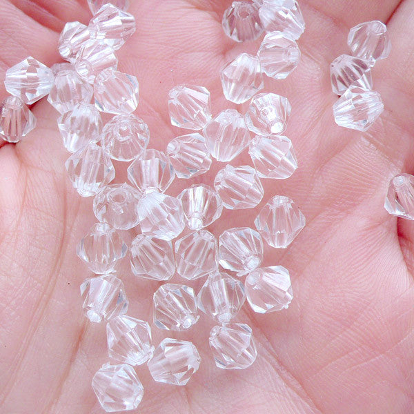 6mm Rhombus Beads | Plastic Bicone Beads | Acrylic Diamond Beads | Faceted Spacer Beads | Faux Gemstone Beads | Jewellery Making Supplies (80pcs / Transparent Clear)