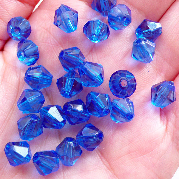 8mm Bicone Beads | Rhombus Beads | Fake Gemstone Beads | Acrylic Faceted Crystal Beads | Plastic Spacer Beads | Jewelry Making Supplies (50pcs / Transparent Dark Blue)
