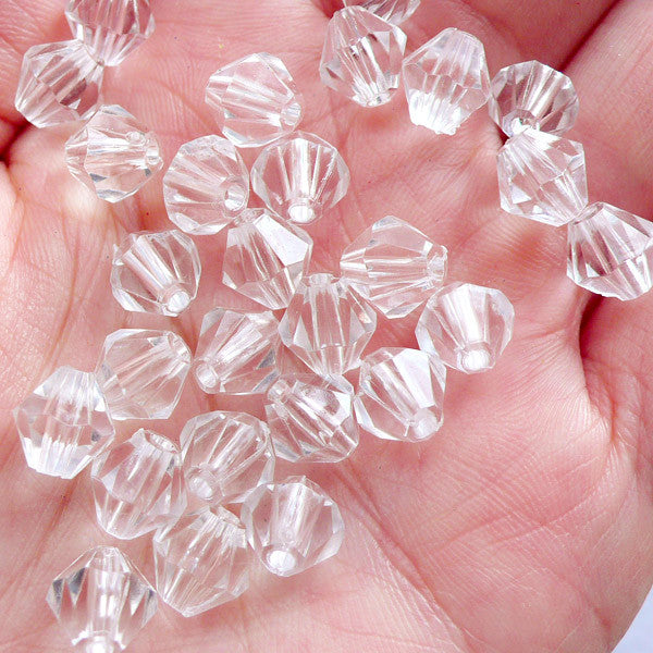 8mm Rhombus Beads | Transparent Bicone Beads | Fake Diamond Beads | Acrylic Crystal Beads | Faceted Spacer Beads | Plastic Bead Supplies (50pcs / Clear)