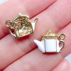 Gold Teapot Charms | Dollhouse Tea Pot Pendant | Enameled Charm | Miniature Tableware Charm | Kawaii Color Charm | Afternoon Tea Jewellery | Alice in Wonderland Jewelry (3pcs / Gold / 17mm x 12mm)