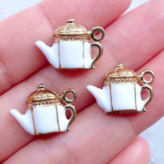 Gold Teapot Charms | Dollhouse Tea Pot Pendant | Enameled Charm | Miniature Tableware Charm | Kawaii Color Charm | Afternoon Tea Jewellery | Alice in Wonderland Jewelry (3pcs / Gold / 17mm x 12mm)