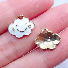 Kawaii Cloud Charms | Enamel Happy Cloud Pendant | Enamelled Planner Charm | Cute Charm | Weather Jewellery DIY (3pcs / Gold & White / 13mm x 11mm)