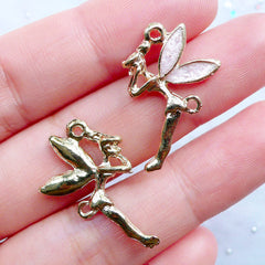 Fairy Connector Charms | Enamel Fairy Pendant | Kawaii Fairy Tink Charm | Fay Charms | Faery Charms | Fae Charm | Enameled Charm Supplies (3pcs / Gold & Pink / 15mm x 25mm)