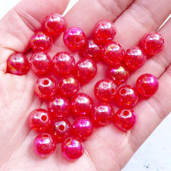 Acrylic Cracked Beads in 10mm | Round Crackle Beads | Aurora Borealis Ball Beads | Bubblegum Bead | Chunky Necklace & Bracelet Making (AB Clear Red / 25pcs)