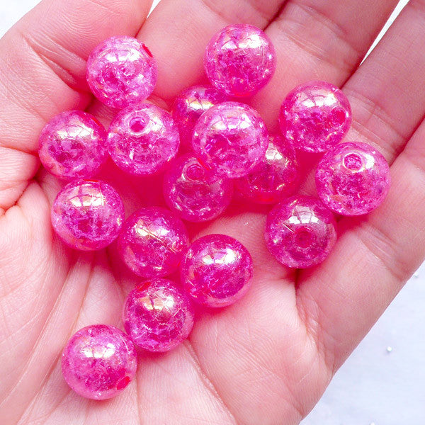 12mm Acrylic Crackle Beads | Round Cracked Beads | Chunky Ball Beads | Aurora Borealis Gumball Bead | Bubblegum Bracelet & Necklace DIY (AB Clear Magenta Dark Pink / 15pcs)