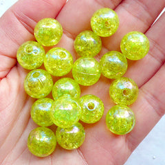 12mm Acrylic Cracked Beads | Round Crackle Beads | Chunky Bubblegum Beads | Plastic Ball Bead | Aurora Borealis Bead | Gumball Bracelet & Necklace DIY (AB Clear Lime Green / 15pcs)