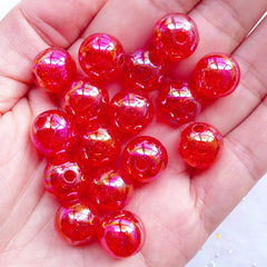 12mm Cracked Beads | Acrylic Ball Beads | Chunky Crackle Beads | Kawaii Gumball Beads | Round Plastic Bead | Aurora Borealis Bubblegum Bead | Necklace & Bracelet DIY (AB Clear Red / 15pcs)
