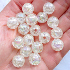 Kawaii Gumball Beads | 12mm Cracked Round Beads | Plastic Crackle Beads | Acrylic Ball Beads | Holographic Bubblegum Beads | Chunky Bracelet & Necklace Making (AB Clear White / 15pcs)