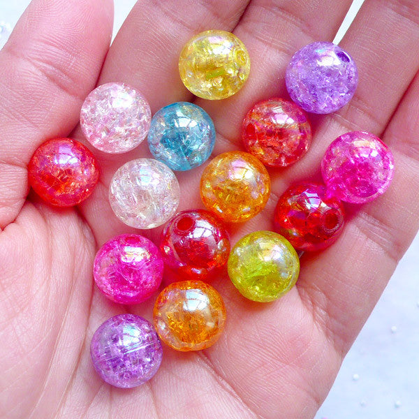 Kawaii Chunky Beads | 12mm Cracked Bead Assortment | Assorted Crackle Beads | Acrylic Gumball Beads | Plastic Bubblegum Beads | Iridescent Ball Beads | Holographic Round Beads (AB Color Mix / 15pcs)