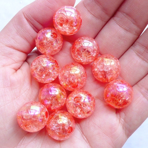 14mm Cracked Beads | Kawaii Crackle Beads | Plastic Gumball Beads | Acrylic Bubblegum Beads | Round Ball Beads | Iridescent Chunky Beads (AB Clear Coral Pink / 10pcs)