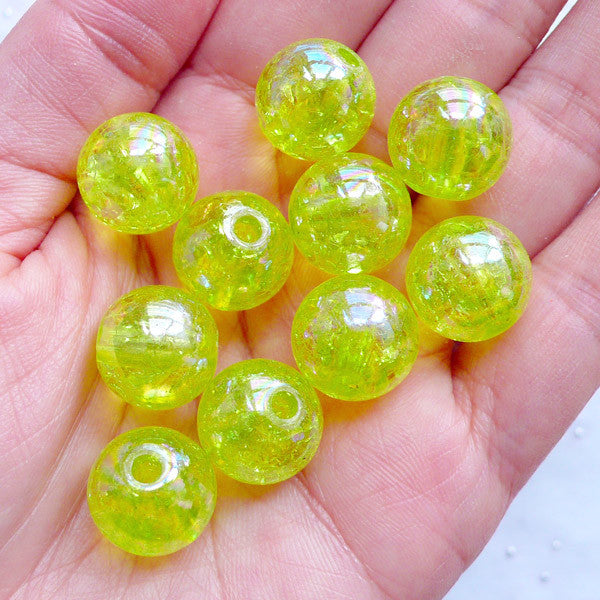 14mm Crackle Beads | Kawaii Cracked Beads | Plastic Chunky Beads | Acrylic Ball Beads | Round Beads | Cute Bubblegum Beads | Iridescent Gumball Beads (AB Clear Lime Green / 10pcs)