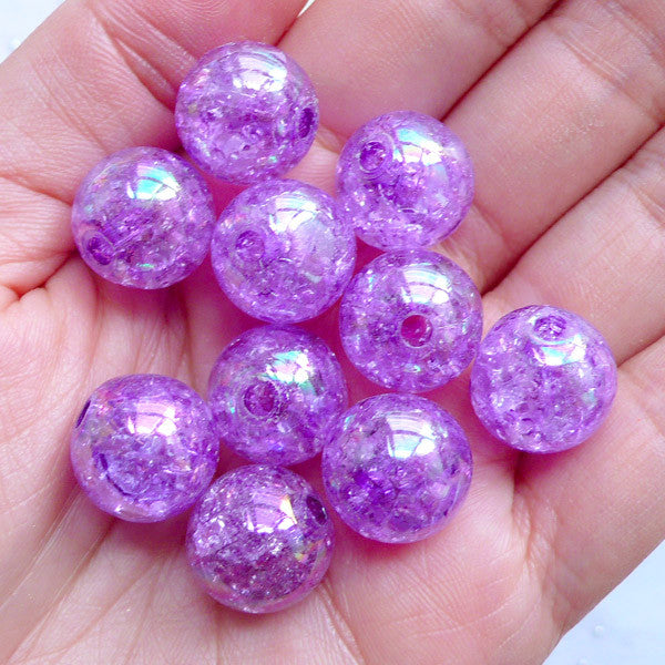 Crackle Chunky Beads | 14mm Acrylic Cracked Beads | Kawaii Ball Beads | Plastic Round Beads | Cute Gumball Beads | Iridescent Bubblegum Beads (AB Clear Purple / 10pcs)