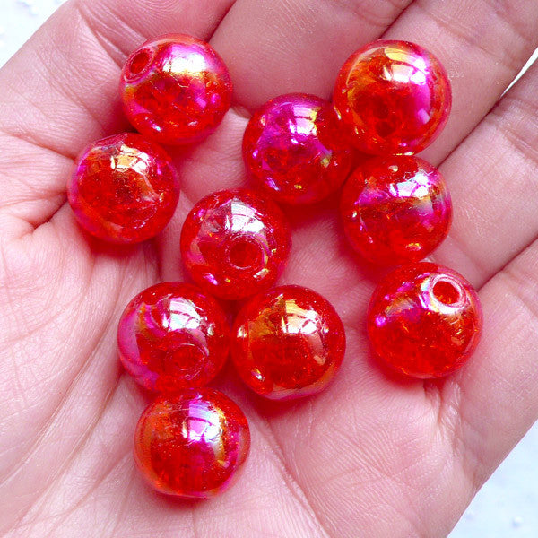 Cracked Chunky Beads | 14mm Acrylic Crackle Beads | Kawaii Round Beads | Plastic Ball Beads | Bubblegum Beads | Holographic Gumball Beads | Cute Bead Supplies (AB Clear Red / 10pcs)