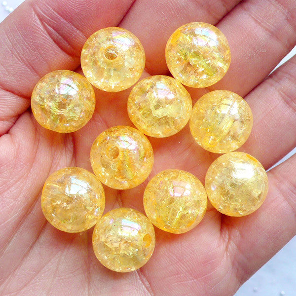 Acrylic Cracked Beads | 14mm Round Crackle Beads | Chunky Ball Beads | Plastic Beads | Kawaii Gumball Beads | Holographic Bubblegum Beads | Cute Bead Supply (AB Clear Orange / 10pcs)