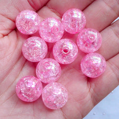 Acrylic Crackle Beads | 14mm Cracked Round Beads | Chunky Plastic Beads | Kawaii Bubblegum Beads | Cute Gumball Beads | Holographic Ball Beads (AB Clear Pink / 10pcs)