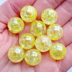 Chunky Crackle Beads | 14mm Round Cracked Beads | Plastic Bubblegum Beads | Cute Acrylic Beads | Gumball Beads | Aurora Borealis Ball Beads | Kawaii Bead Supplies (AB Clear Yellow / 10pcs)