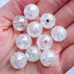 Kawaii Bead Supplies | 14mm Chunky Acrylic Beads | Cracked Gumball Beads | Crackle Bubblegum Beads | Cute Round Beads | Aurora Borealis Plastic Beads | Transparent Ball Beads (AB Clear White / 10pcs)