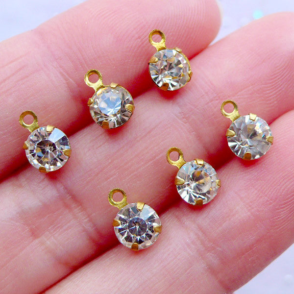 Glass Rhinestone Charms in 5mm | Mini Crystal Gem Drop | Diamond Dangles | Tiny Faceted Rhinestone Pendant | Bling Bling Jewellery Making (6pcs / Antique Gold & Clear / 5mm x 8mm)