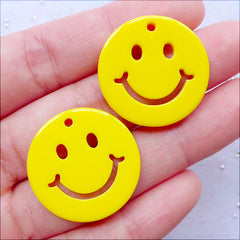 Smiley Emoticon Charms | Acrylic Emoji Pendant | Happy Face Charm | Kawaii Decora Kei Jewellery | Cute Plastic Charms | Chunky Earrings & Necklace Making (2 pcs / Yellow / 25mm /  2 Sided)