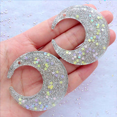 Resin Moon Charms with Glitter and Star Confetti | Kawaii Moon Pendant | Large Moon Cabochons | Glittery Jewellery | Cute Decoden Phone Case | Chunky Earrings Making (2 pcs / Silver / 48mm x 49mm / Flat Back)