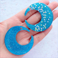 CLEARANCE Large Moon Cabochons with Glitter and Star Confetti | Glittery Charms | Shimmer Moon Flatback | Kawaii Resin Pendant | Moon Jewelry | Decoden Crafts | Cell Phone Case Decoration (2 pcs / Blue / 48mm x 49mm / Flat Back)