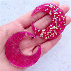 CLEARANCE Moon Cabochon Charms with Star Confetti and Glitter | Glittery Pendant | Moon Phone Case Decoden | Kawaii Crafts | Chunky Resin Jewellery Making (2 pcs / Magenta / 48mm x 49mm / Flat Back)