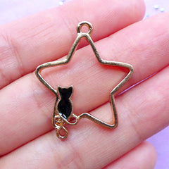 Magical Girl Open Bezel | Star and Cat Charm | UV Resin Jewellery Making | Kawaii Deco Frame for Resin Art (1 piece / Gold & Black / 24mm x 29mm)