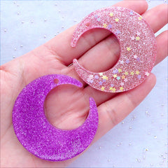Kawaii Charms | Huge Moon Cabochon Pendant with Star Confetti and Glitter | Glittery Resin Pieces | Moon Embellishments | Mahou Kei Phone Case Decoden Supplies (8 pcs / Assorted Color Mix / 48mm x 49mm / Flat Back)