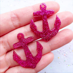CLEARANCE Kawaii Anchor Charms with Glitter | Glittery Anchor Pendant | Nautical Anchor Cabochons | Resin Flatback | Decoden Phone Case | Kistch Jewelry DIY (2 pcs / Magenta / 27mm x 32mm / Flat Back)