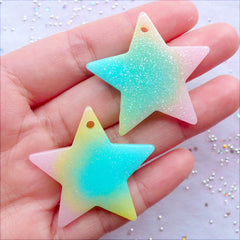 Rainbow Gradient Star Cabochon Pendant with Glitter | Shimmer Star Charms | Kawaii Fairy Kei Phone Case | Glittery Decoden Pieces | Pastel Kei Chunky Jewelry Making (2 pcs / Blue Green Yellow Pink / 38mm x 36mm / Flat Back)