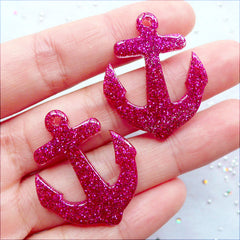 CLEARANCE Kawaii Anchor Charms with Glitter | Glittery Anchor Pendant | Nautical Anchor Cabochons | Resin Flatback | Decoden Phone Case | Kistch Jewelry DIY (2 pcs / Magenta / 27mm x 32mm / Flat Back)