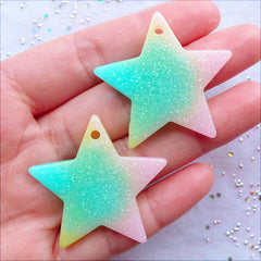 Rainbow Gradient Star Cabochon Pendant with Glitter | Shimmer Star Charms | Kawaii Fairy Kei Phone Case | Glittery Decoden Pieces | Pastel Kei Chunky Jewelry Making (2 pcs / Blue Green Yellow Pink / 38mm x 36mm / Flat Back)