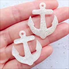 Glittery Anchor Charms | Anchor Pendant with Glitter | Anchor Cabochons | Kawaii Resin Charms | Decoden Pieces | Nautical Phone Case | Kistch Jewelry Making (2 pcs / White / 27mm x 32mm / Flat Back)