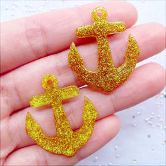 Glitter Anchor Charms | Nautical Anchor Pendant | Resin Anchor Cabochons | Kawaii Decoden Supplies | Glittery Cell Phone Deco | Kistch Jewellery Making (2 pcs / Gold / 27mm x 32mm / Flat Back)