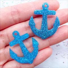 CLEARANCE Resin Anchor Charms | Glitter Anchor Pendant | Anchor Cabochons | Kawaii Crafts | Glittery Decoden Cabochon | Phone Decoration | Nautical Embellishments | Kistch Jewellery DIY (2 pcs / Blue / 27mm x 32mm / Flat Back)